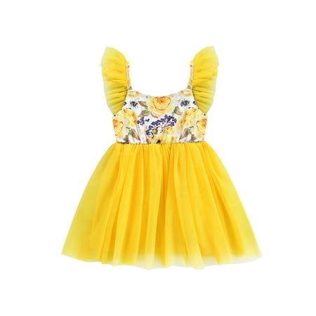 

IZhansean Toddler Baby Girls Summer Dress Ruffle Sleeveless Floral Print Patchwork Tulle Dress Party Prom Clothes Yellow 2-3 Years