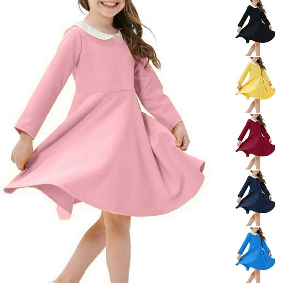 Ashirexll Girls Dresses Size 10-12, Girls Long Sleeve Dress, Long Sleeve Fall Dress Fashion Children Solid Color Doll Neck Dress Casual Plowy Dress