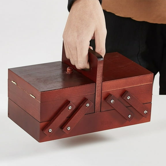 Apeya Sewing Basket-Red Expandable Wood Antique Style with Handle,Includes Needles And Thread,For Embroidery & Household Sewing,Solid Wood Sewing Box Set