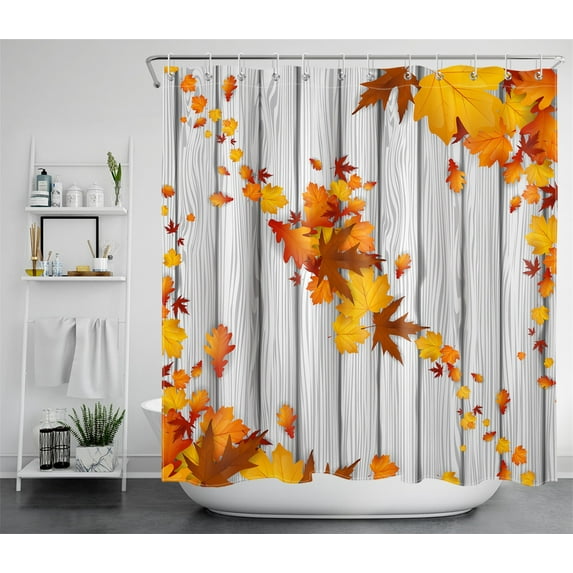 HVEST Fall Maple Leaf Shower Curtain, Autumn Falling Yellow Red Maple Leaves on Rustic Wood Planks Shower Curtains for Bathroom, Polyester Fabric Decor Curtain with Hooks, 72X72 inche