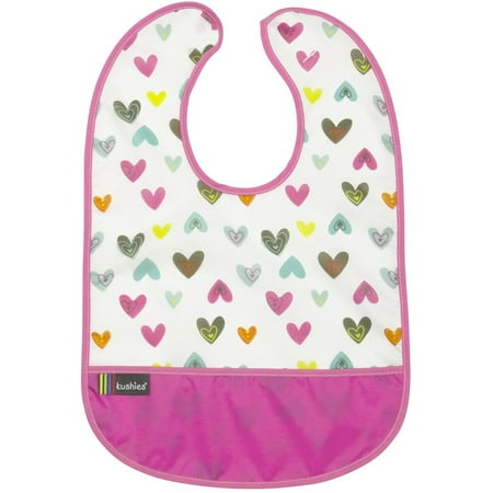 Kushies Cleanbib Infant or Toddler Waterproof Bib with Pocket (12 Months+ White Doodle Hearts)