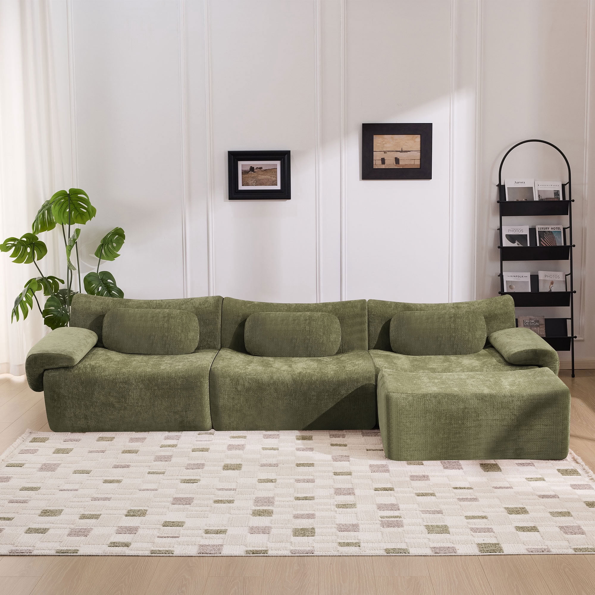 MAYEERTY 3+1 Seat Modular L-Shaped Sectional Sofa with Ottoman, Chenille Upholstered Deep Seat Couch with 3 Throw Pillows, No Assembly for Living Room Bedroom Apartment Small Spaces