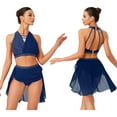 thumbnail image 5 of Sholeno Women's Lyrical Dance Outfits Halter Sleeveless Shiny Dance Crop Top with Skirt Dancewear Navy Blue S, 5 of 6