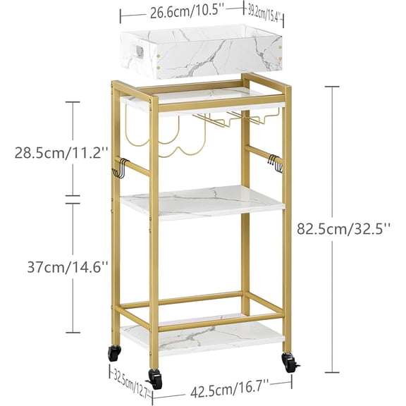 3-Tier Gold Bar Cart with Removable Tray, Small Bar Carts with Wheels, Rolling Beverage Cart, Drink Cart, Gold Wine Cart with Wine Rack for Kitchen, Living Room GBC513G