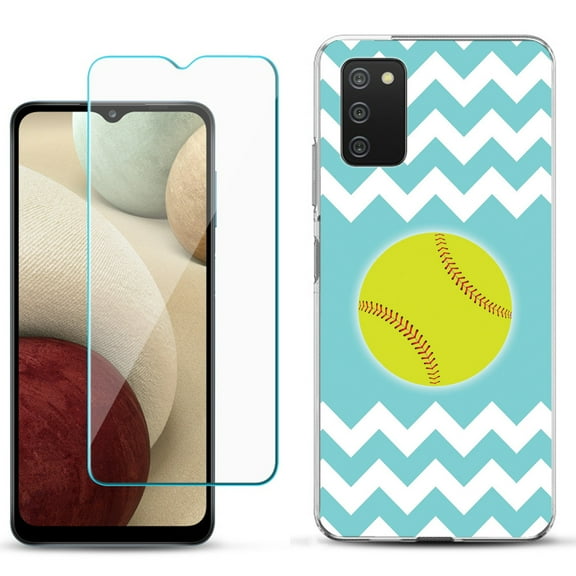 Slim-Fit TPU Phone Case Compatible with Samsung Galaxy A02s, with Tempered Glass Screen Protector, by OneToughShield ® - Chevron/Teal/Softball