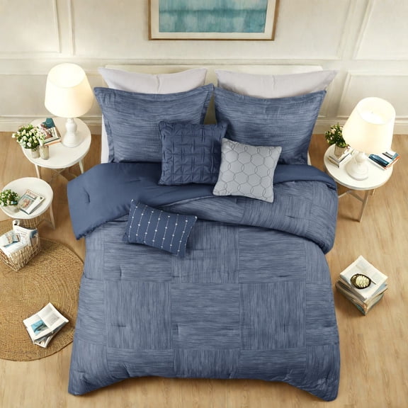 Modern Navy Seersucker Bedding Sets Hypoallergenic 7Piece Queen Comforter Set
