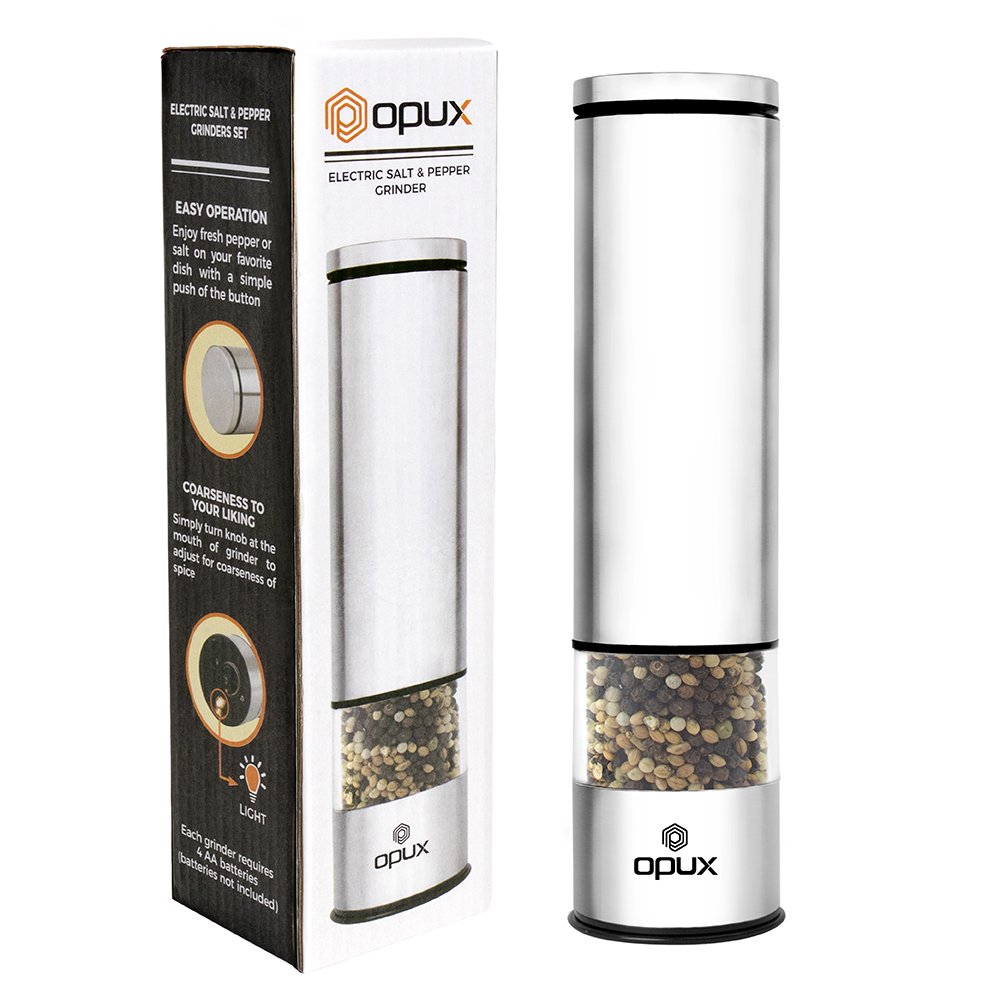 OPUX Battery Operated Salt and Pepper Grinder Automatic Pepper Mill