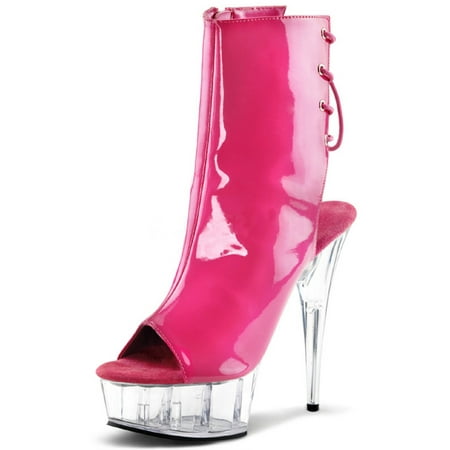 Glossy Hot Pink Ankle Boots With Clear Soles Lace Up Back And 6 Inch Heels