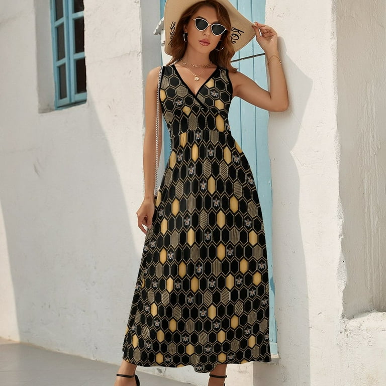 Black And Gold Geometric Pattern Dress Summer Street Style Bohemia Long  Dresses Female Sleeveless Printed Maxi Dress - Walmart.com