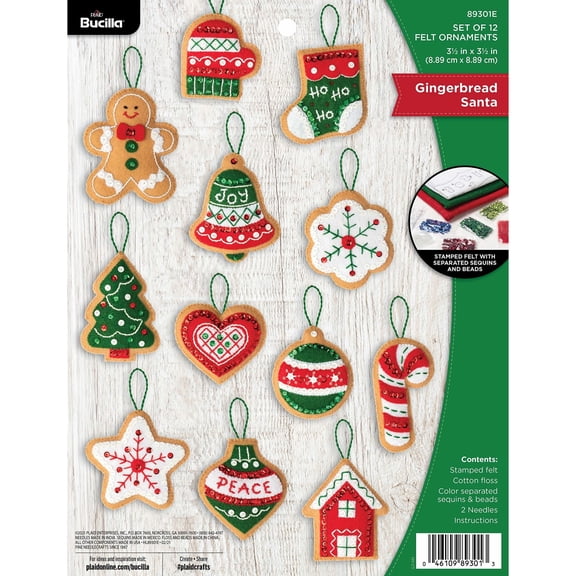 Bucilla Gingerbread Santa Felt Applique Ornament Kit, Set of 12, 3.5 x 3.5 in