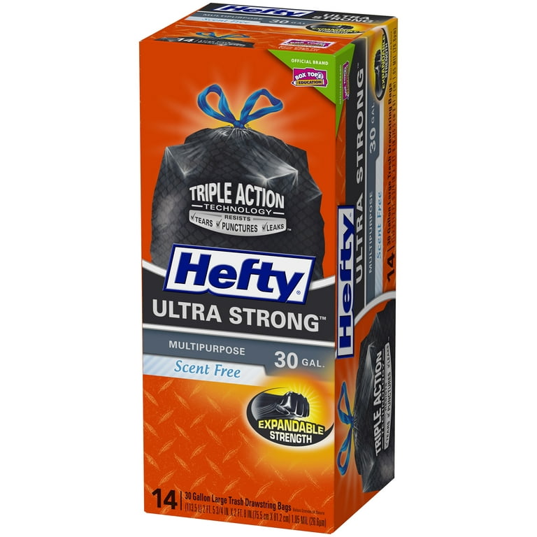 Hefty Trash Bags, Drawstring, Multipurpose, Scent Free, Ultra Strong,  Large, 30 Gallon