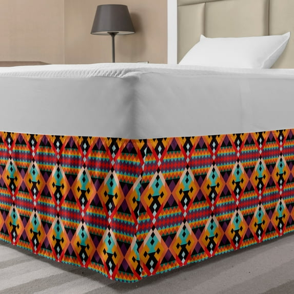 Blue and Black Bed Skirt, Modern Artwork of Colorful Geometric Polygons Structure, Elastic Bedskirt Dust Ruffle Wrap Around for Bedding Decor, 4 Sizes, Plum Charcoal Grey, by Ambesonne