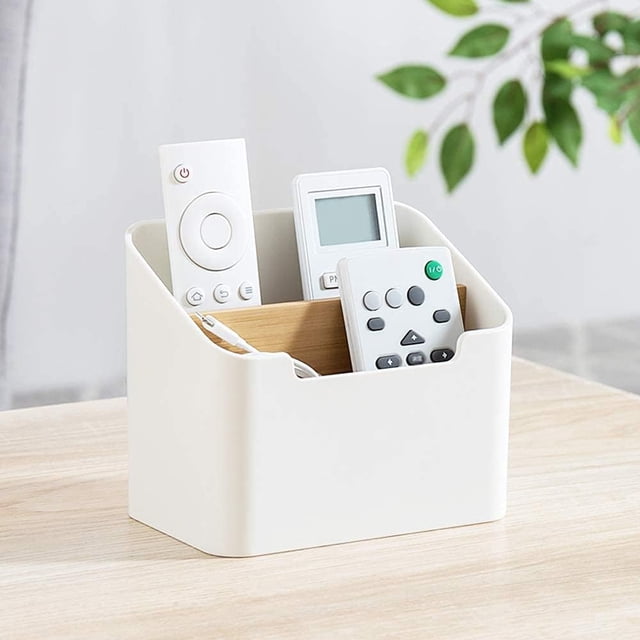 Wood And Plastic Material Remote Control Holder, 4 Compartments Desk Organizer For Office Supplies And Home, Modern Stylish Design Space Saving, Easy To Clean And Non-Slip Pad