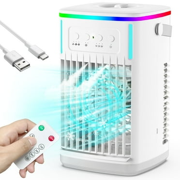 Portable Air Conditioners with Remote, 1500ml Water Tank, 3 Speeds, 4-in-1 Portable AC with 6H Timer, 2 Cool Mist, 7 Lights, Personal Mini Air Cooler Fan for Room Bedroom Office (White)
