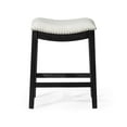 thumbnail image 3 of Maven Lane Adrien 26" Wood Counter Height Stool - Handcrafted Aged Black Finish with Snow White Fabric Upholstered Saddle Seat for Comfort - Barstool for Kitchen Islands, Dining Rooms, Set of 3, 3 of 7