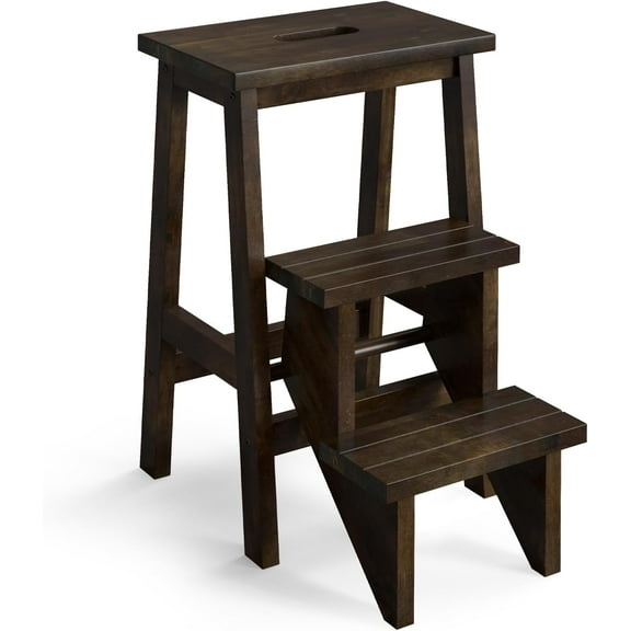 Sptwo Folding 3 Tier Step Ladder, Multifunction 3-in-1 Wood Step Stool with Anti-Slip, Convenient Handle, Display Ladder and Storage Shelf for Library, Home Kitchen, Household Work, Garage (Brown)