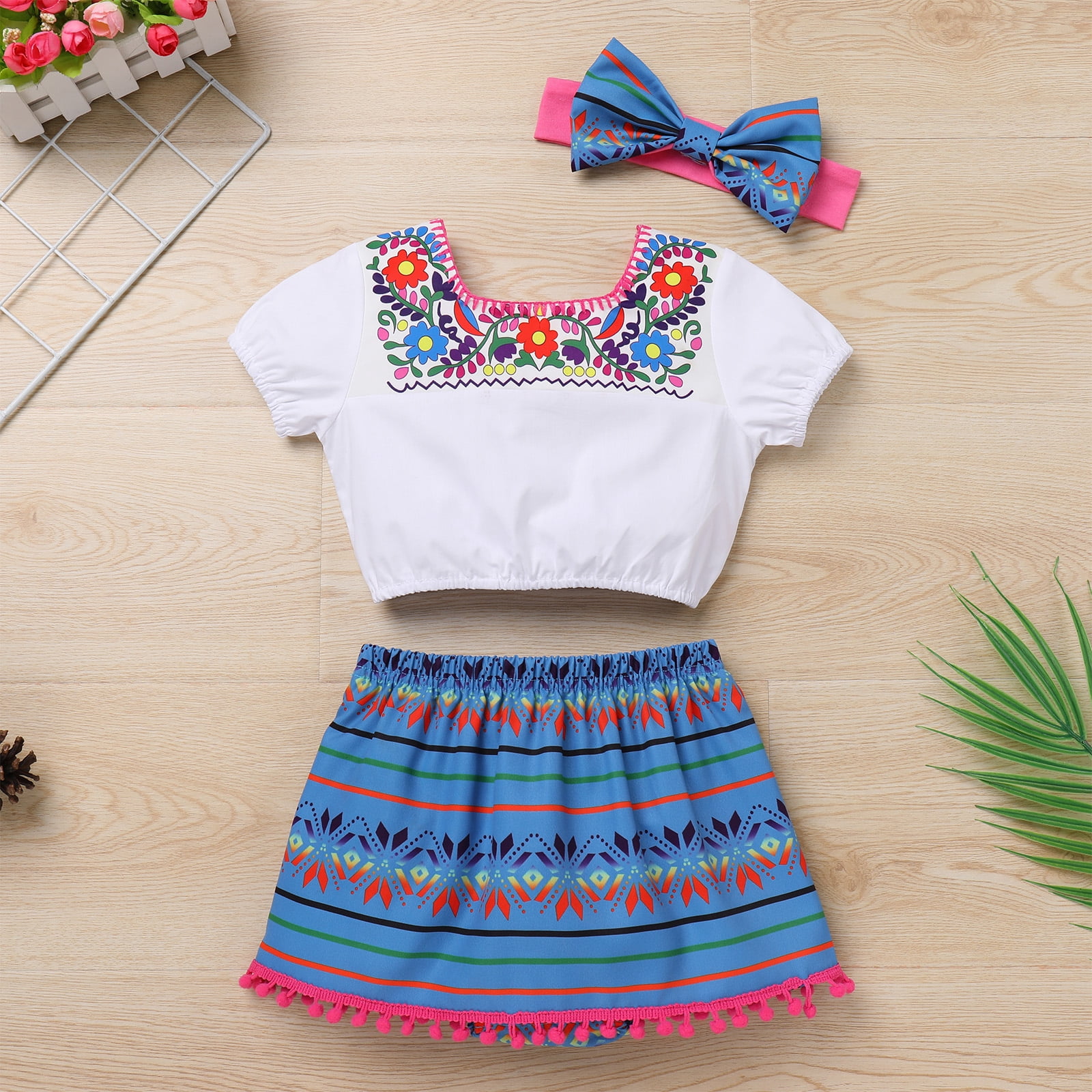 IDOPIP Toddler Baby Girls Mexican Outfit Fiesta Cinco de Mayo Outfit Print Top Skirt Bow Headband