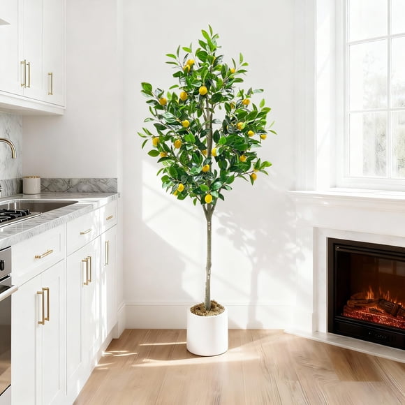 6FT Artificial Lemon Tree with White Pot, Lifelike Faux Citrus Plant for Indoor Outdoor Home Office Decor