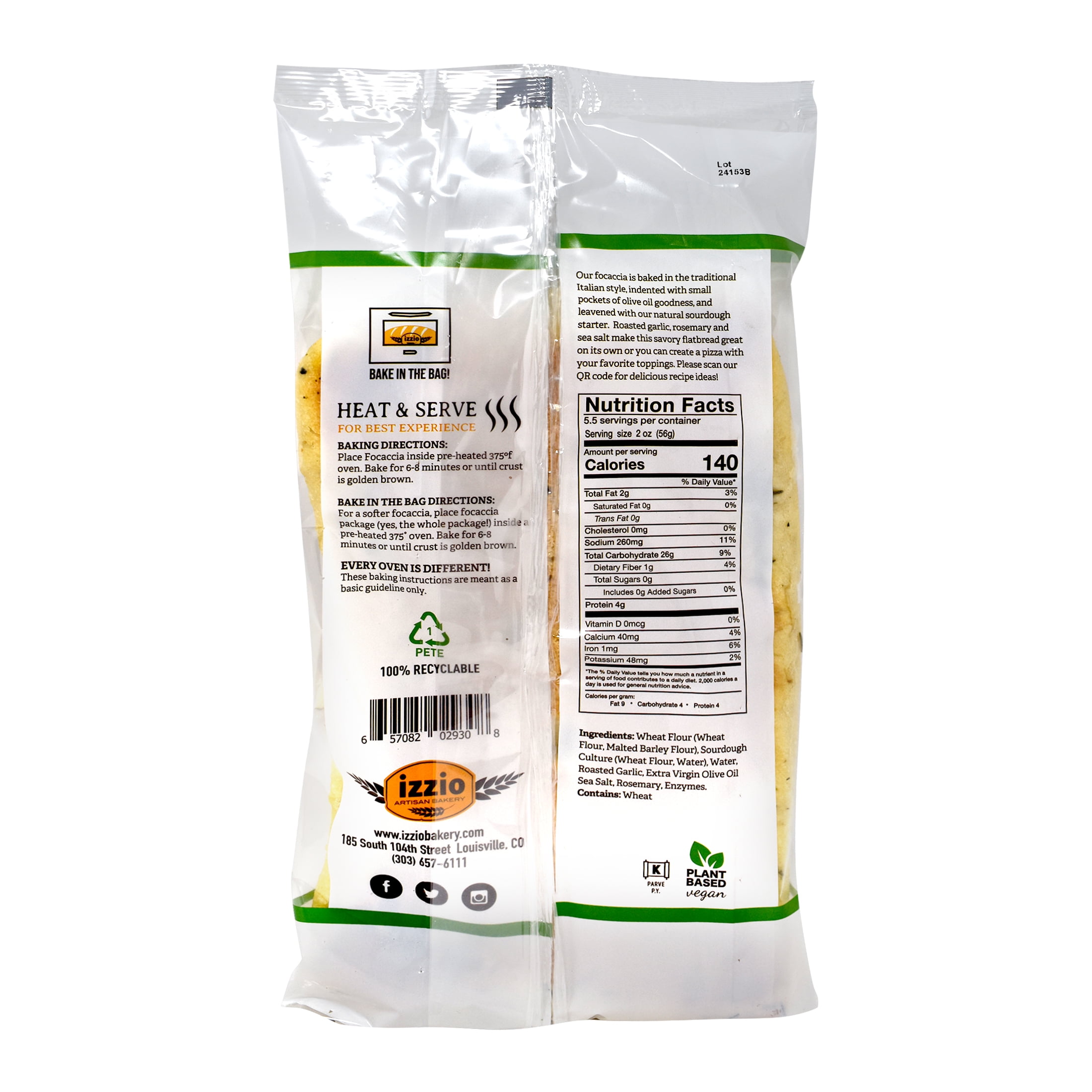 (2 pack) Izzio, Rosemary Garlic Focaccia, Whole, Regular Sized 11 fl oz Plastic Bag (Frozen)