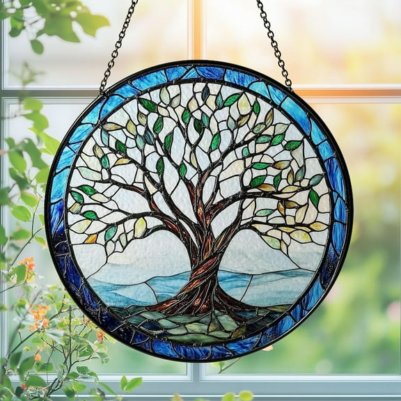Tree of Life Stained Glass Suncatcher – Round Window Hanging Art, Colorful Glass Panel Decor, Nature Inspired Gift for Mom or Her