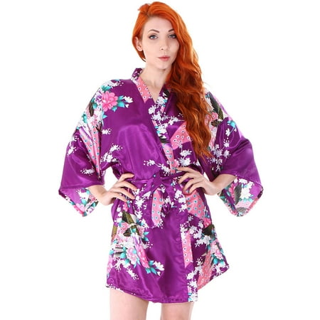 Women's Peacock & Blossoms Printed Kimono Short Robe Sleepwear, Purple