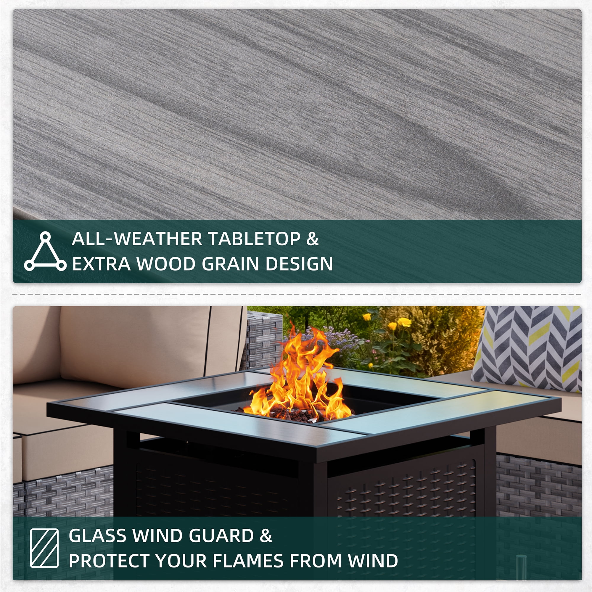 Walsunny 30" Propane Gas Fire Pit Table with Lid 50,000 BTU Square Outdoor Wicker Light Grey