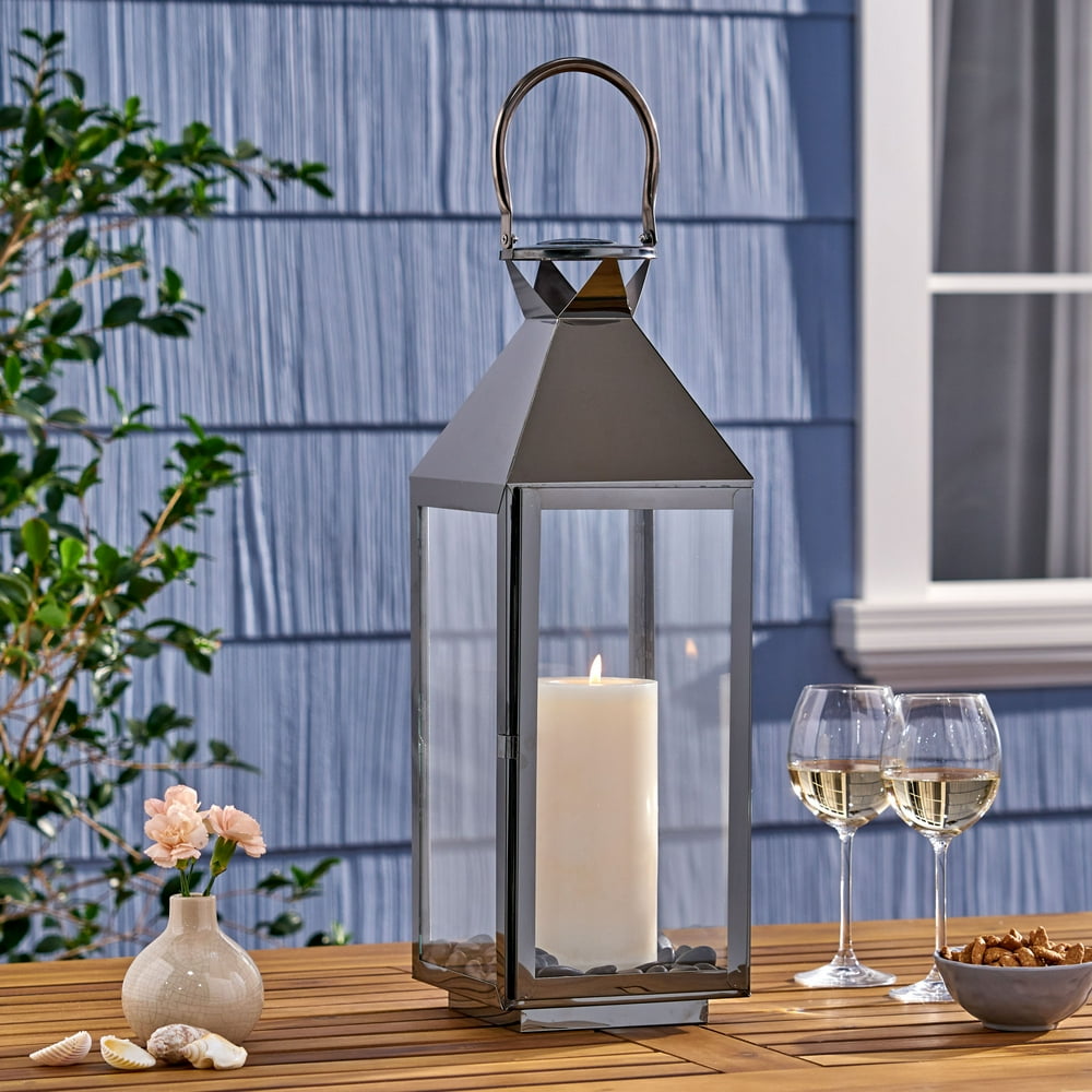 Preston 22" Modern Outdoor Stainless Steel Lantern, Black