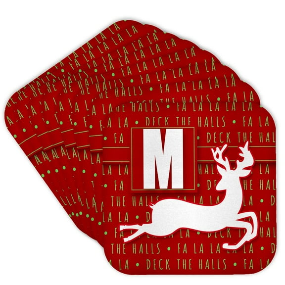 3drose, Letter M Monogram Christmas White Reindeer Deck the Halls Theme, Set of 8 Coasters - Soft