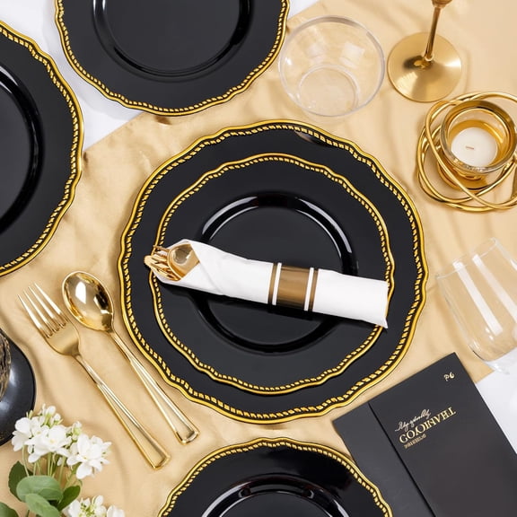 350pcs Black and Gold Plastic Plates - Gold Plastic Dinnerware Set