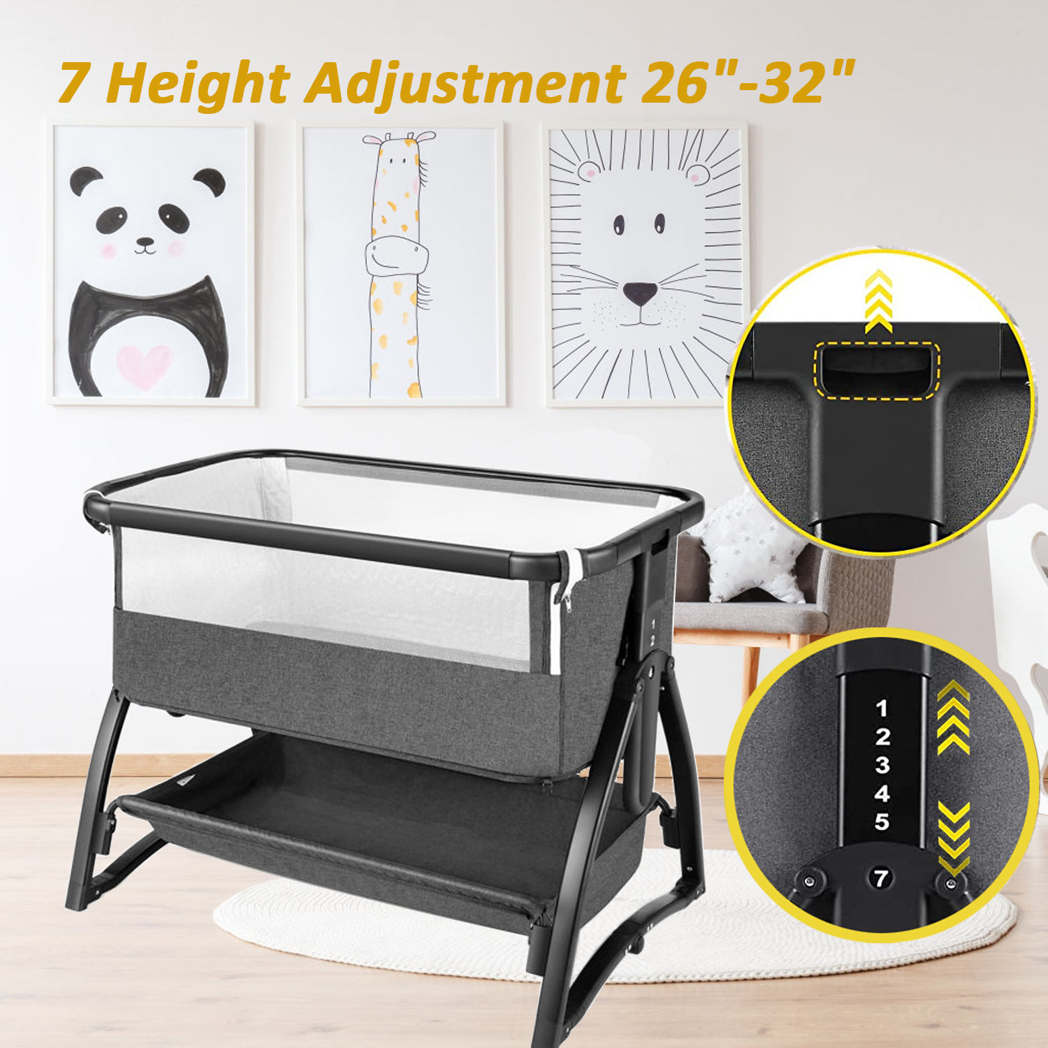 Adnoom Baby Bassinet Bedside Sleeper, Baby Bed to Babies Cradle, Adjustable 7-Level Height Portable Bed for Newborn/ Infant/ Baby Boy/ Baby Girl (Light Gray) - image 3 of 12