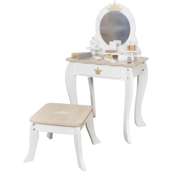 HYGRAD BUILT TO SURVIVE Kids Vanity Set with Mirror and Stool, Kids Makeup Vanity Desk with Storage Space, Bow Pattern for Little Girls, Toddler Princess Makeup Dressing Table with Chair Set