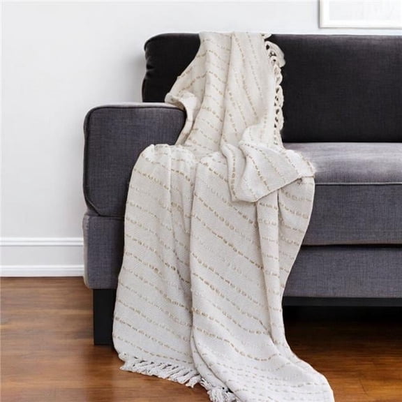 HomeRoots 548877 50 x 60 in. White & Beige Cotton Blend Woven Striped Throw Blanket with Fringe