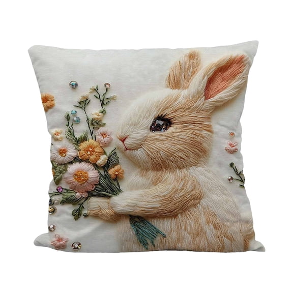TanSiDing 1pcs Easter Bunny Embroidery Style Pillowcase Floral Print Decorative Throw Pillow Cover Soft Polyester Home Decor Couch Bedroom Accent 45*45cm