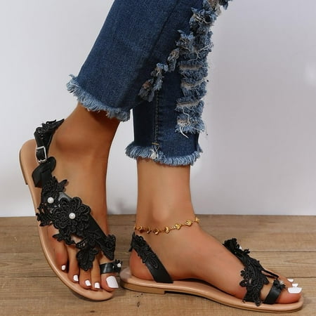 

JNGSA Summer Womens Lace Flower Open Toe Casual Shoes Flats Comfortable Roman Sandals Clearance