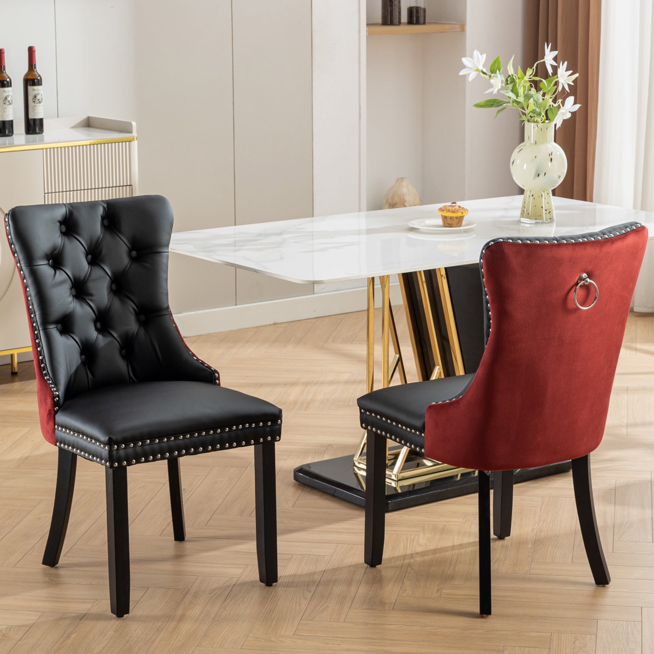 PORKISS Dining Chairs Set of 2, Modern Wood and PU Dining Room Chair with Back Ring and Nailhead Trim, Upholstered Tufted Velvet Chair with Wood Legs for Kitchen, Black/Wine Red