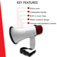 thumbnail image 3 of Technical Pro Lightweight Portable White and Red Megaphone Bullhorn 300M Range with Strap, Siren, and Volume Control, Compact Design, 20 Watts Good for Trainers, Soccer, Football, Baseball, Coaches, Kids, Teachers, 3 of 5