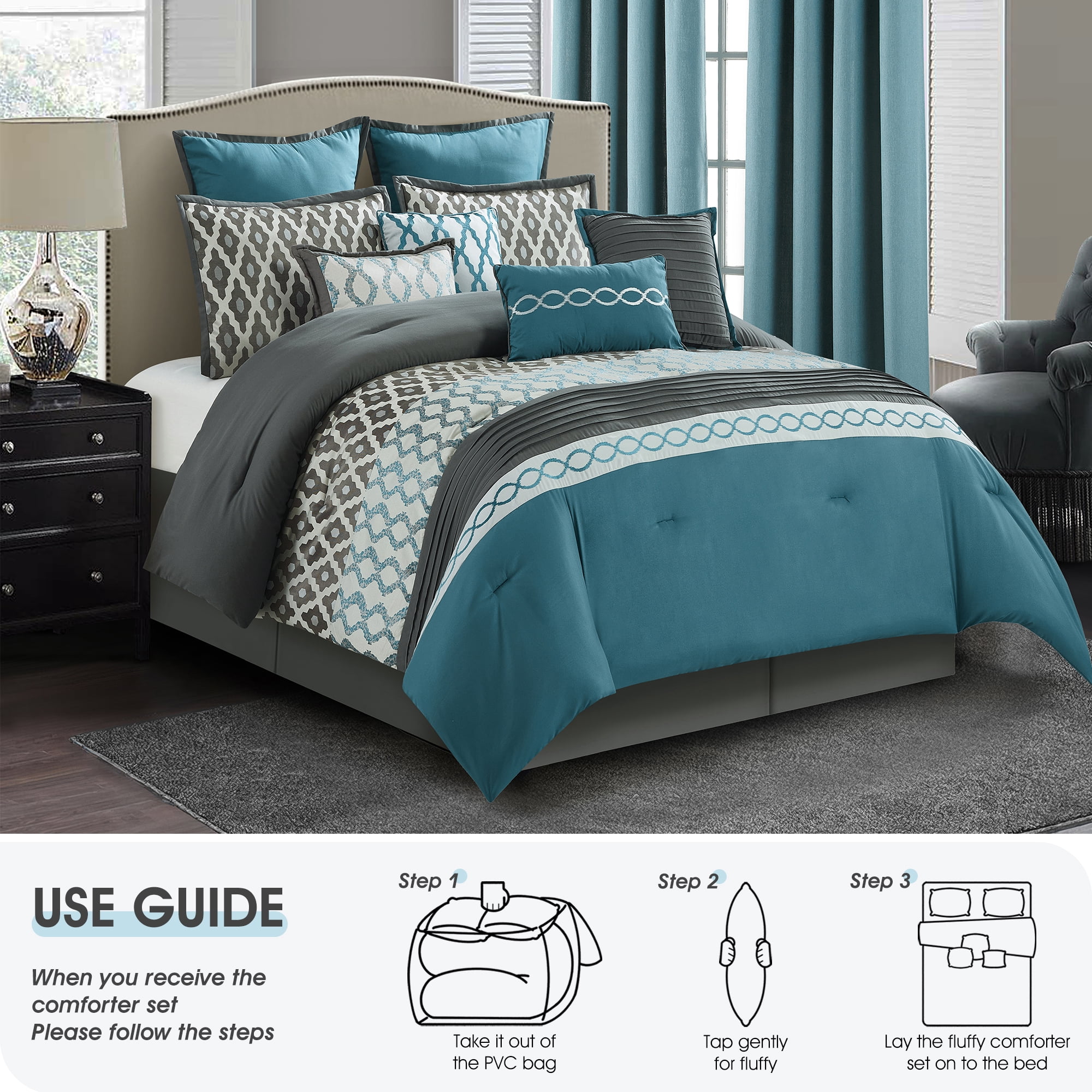 Lanco Geometirc California King Blue Comforter Set, 10 Piece, Jacquard Bedding Comforters & Sets, Bedskirt, Pillows, Euro Shams & Curtains Ultra-Soft