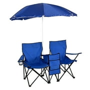2 Seat - Portable Folding Chairs with Canopy, URHOMEPRO Foldable Sports Outdoor Camping Beach Lawn Outside Chairs with Beach Umbrella&Cooler&Cup Holder&Storage Pouch, for Fishing Camping, Picnic, R047
