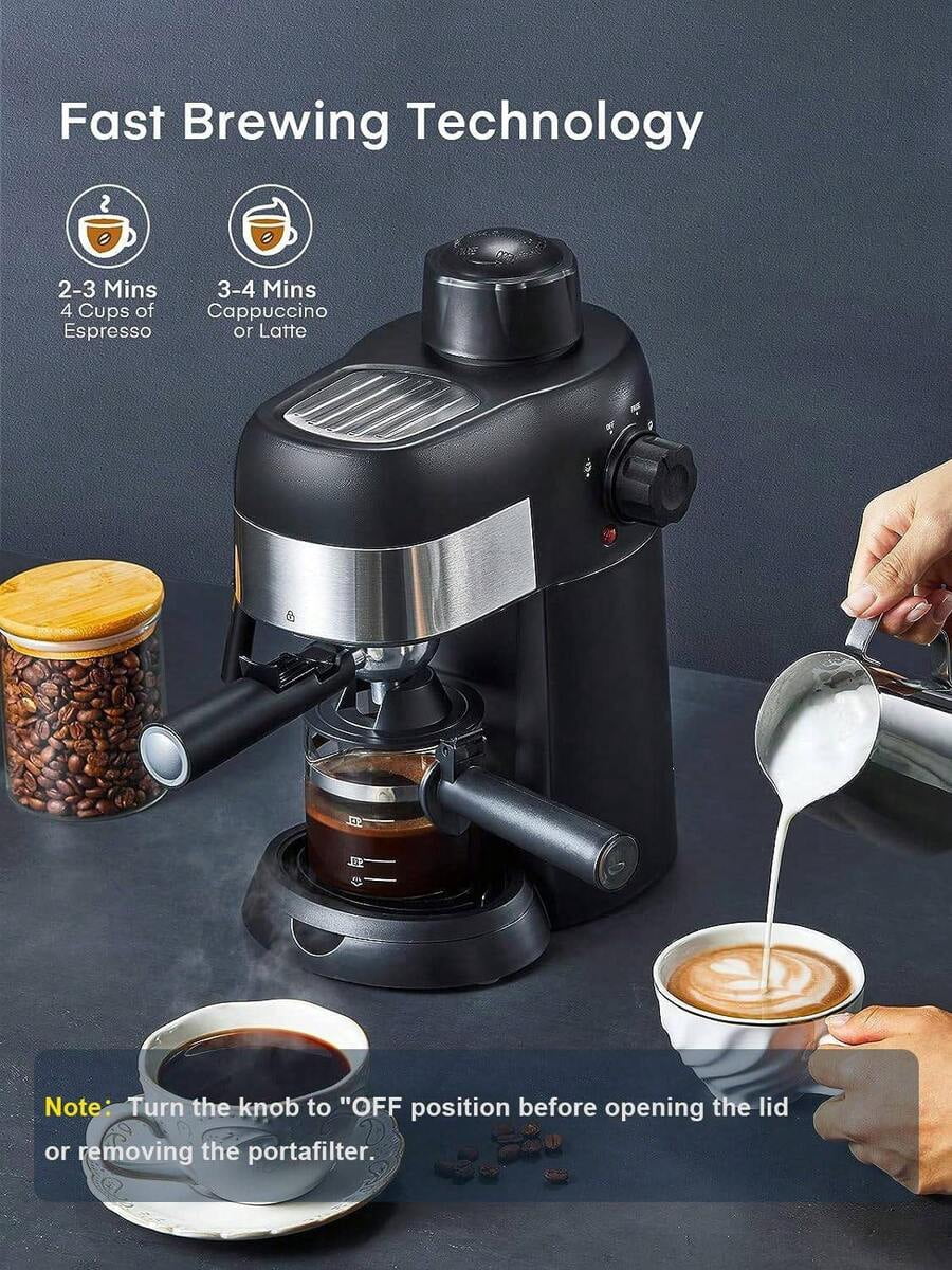 Steam Espresso Machine, 3.5 Bar 4 Cup, Professional Compact Espresso And Cappuccino Maker With Milk Frother And Carafe For Coffee, Latte And Mocha