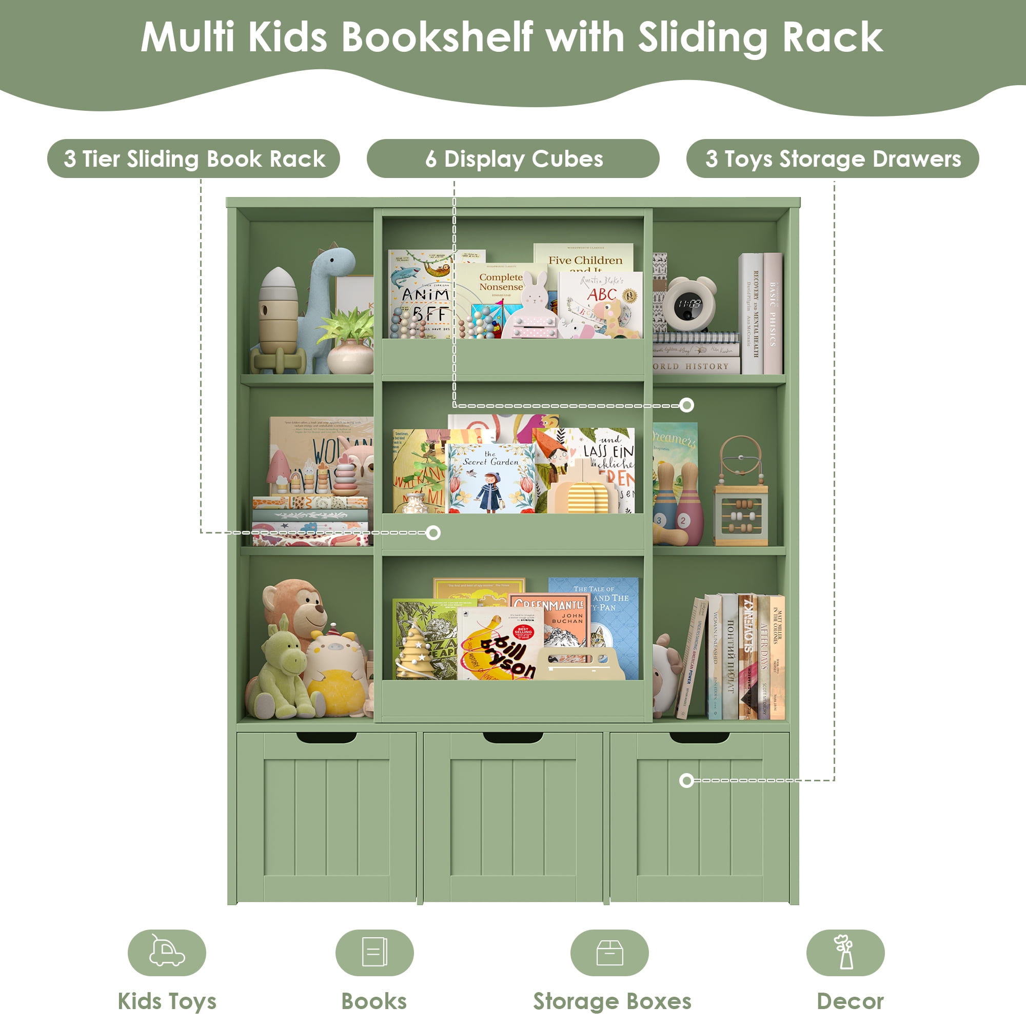 Homfa 6 Cube Toy Storage, Cube Organizer with Sliding Rack, 3 Drawer Kids Bookcase and Bookshelf, Green