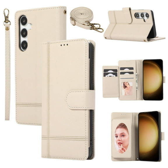 Dteck for Samsung Galaxy A25 5G Case with Shoulder/Wrist Strap,Magnetic Leather Case Card Slots Wallet with Mirror Shockproof TPU Kickstand Cover for Galaxy A25 5G,Beige