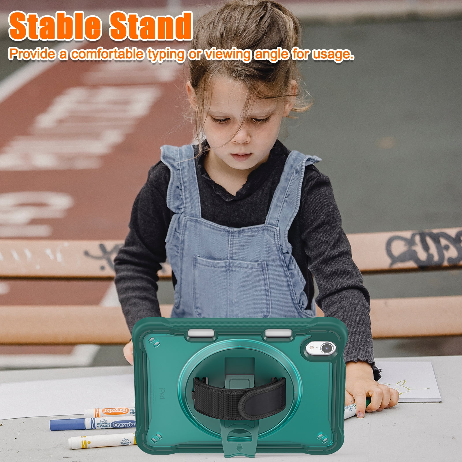 Shockproof Case for Apple iPad mini 6/7, iPad mini 6th 7th Gen Cover, 360 Rotating Stand Translucent Back Cover Shockproof Adjustable Shoulder Strap Kids Friendly with Pencil Holder, Darkgreen