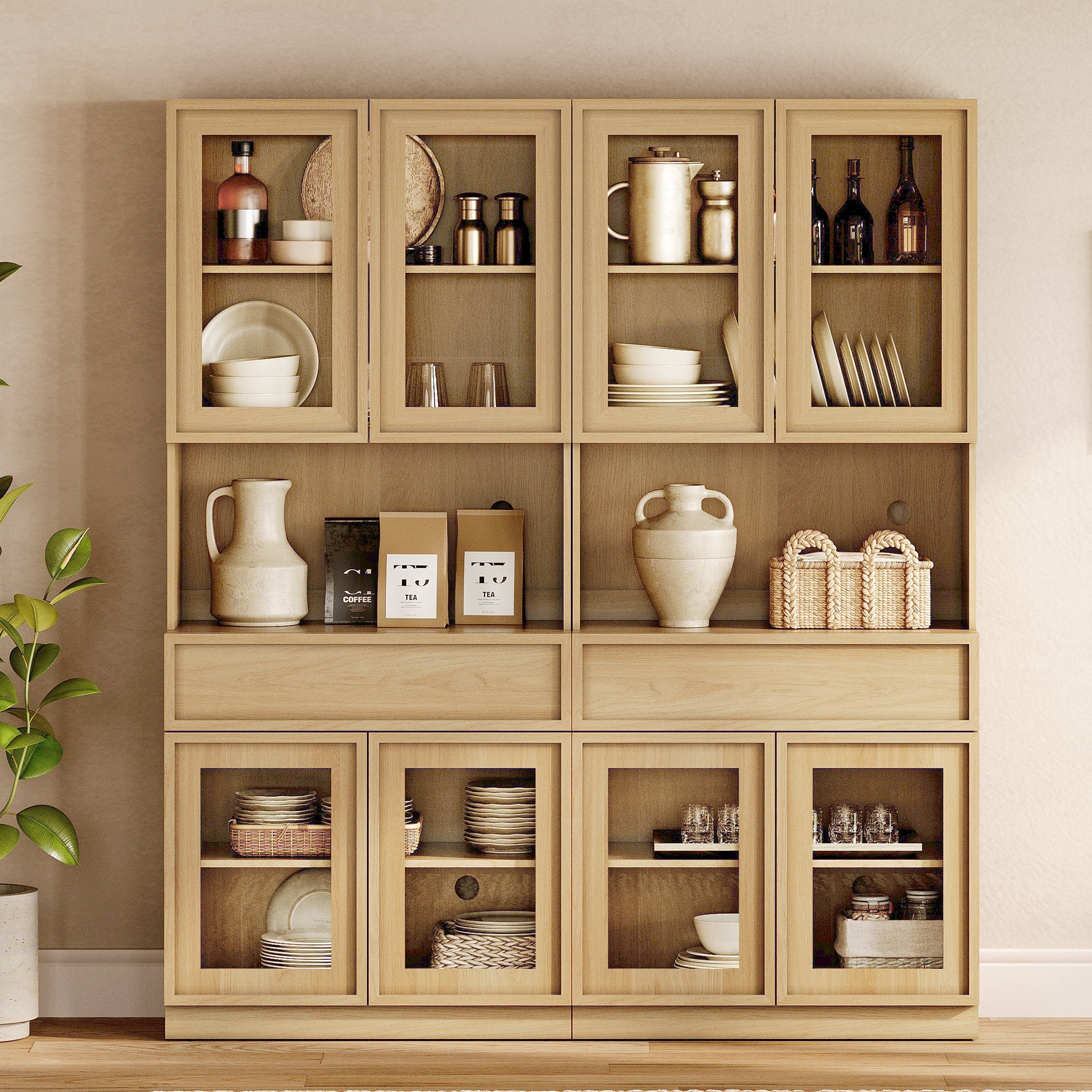 Modern 72"Tall Sideboard, Wood Buffet Display Cabinet with Glass Doors, Drawers and Adjustable Shelves, Multi-Layer Storage Console for Dining Room,Living Room,Entryway,Oak