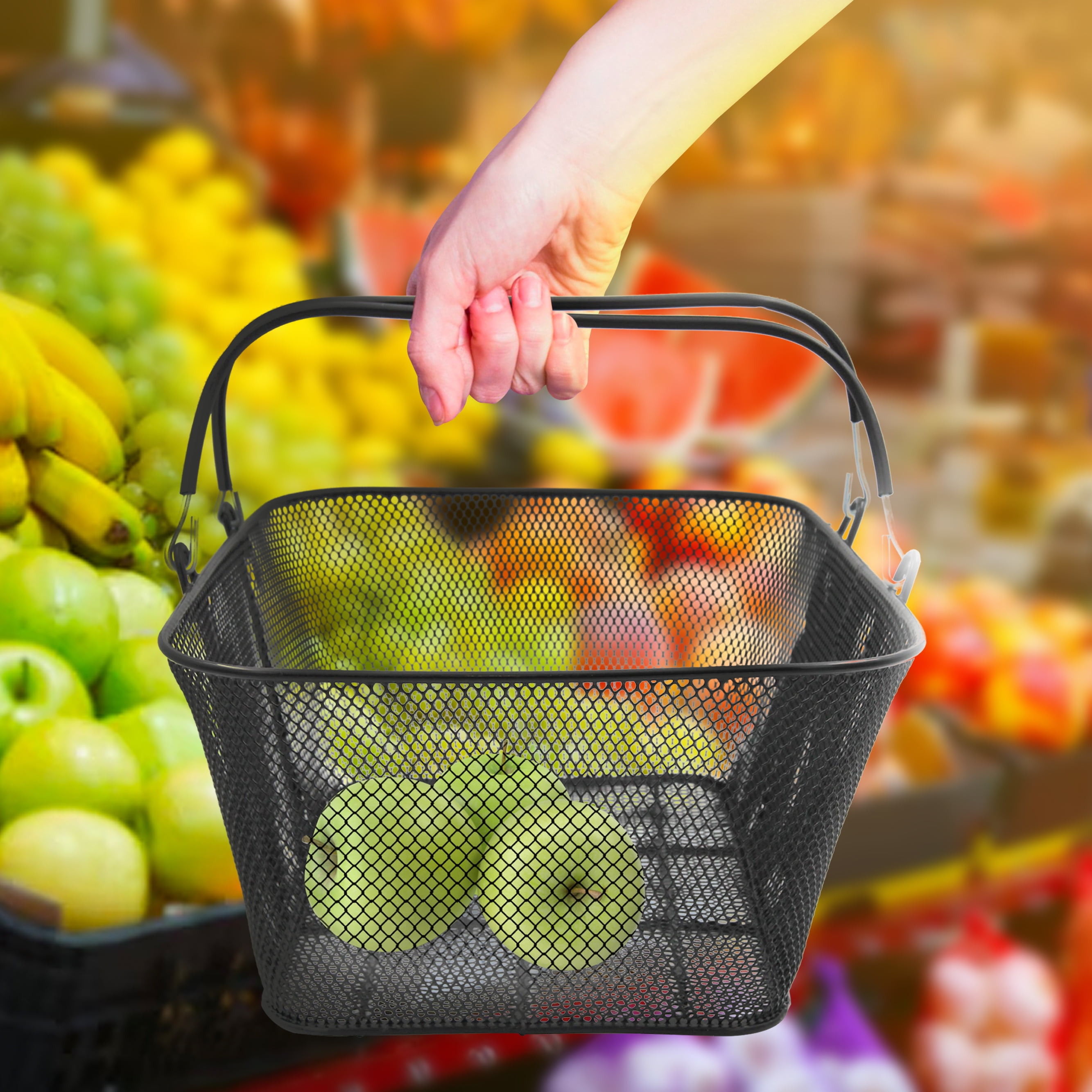 SSWBasics Black Metal Shopping Basket with Handles - 17”W x 12”D x 7”H - Durable and