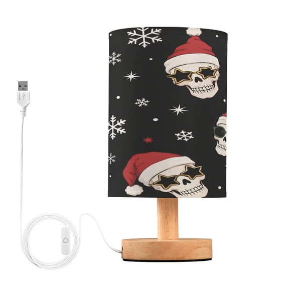 Christmas Skull Table Lamp, Fully Dimmable Nightstand Lamp with USB and Linen Fabric Shade, Modern Gifts for Bedroom, Living Room, Office