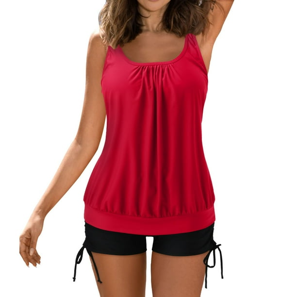 Gibobby Conjunto de bikini para mujer Tankini Trajes de baño para mujer Trajes de baño de 2 piezas Tops con pantalones cortos Traje de baño de ajuste hol(Rojo,CH)