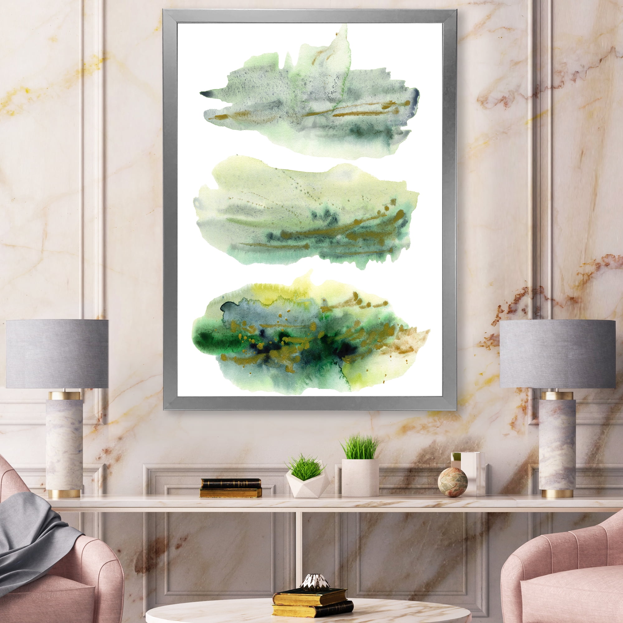 Designart 'Golden Green Abstract Clouds II' Modern Framed Art Print
