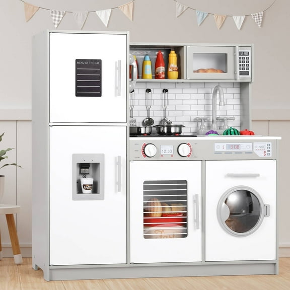 Pirecart Pretend Play Kitchen Kids Cooking Playset Toys with Water Dispense, Washing Machine, Real Sounds & Lights for Toddler Preschooler, Gifts for Bithday, Gray