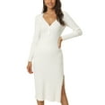 thumbnail image 1 of INSPIRE CHIC Robe Chandail Midi pour Femme à Manches Longues, Encolure Cœur, Coupe Ajustée, Tricot, Fente Latérale, devant Torsadé, Blanc, TG, 1 of 6