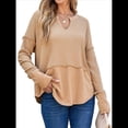 thumbnail image 2 of Camisetas Henley de Larga con Cuello en V para Mujer, Túnicas de Punto Informales, Conjuntos de Otoño con Abertura para el Pulgar. Caqui XXL, 2 of 8